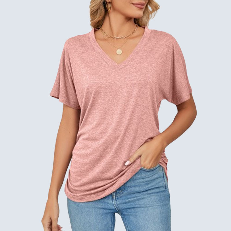 Sommerfarget V-hals løs t-skjorte for kvinner