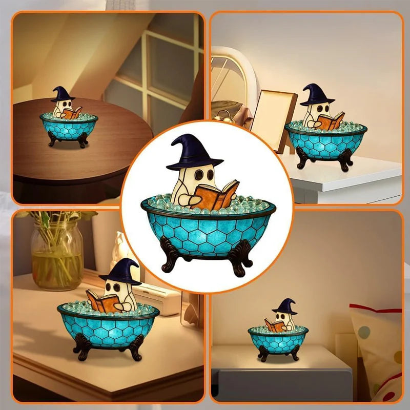 👻📖 Halloween Spøkelsesleselys – Resin Dekorasjon for Skrekkstemning