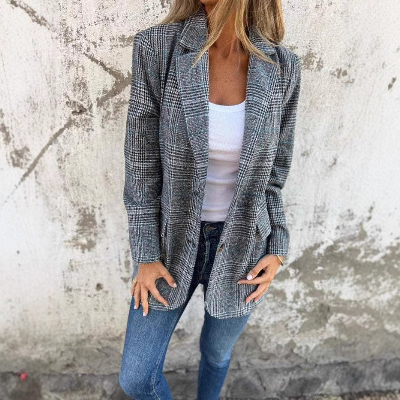 🍂 Høstens Favoritt: Smal Rutete Dress med Blazerkrage for Kvinner 🔥