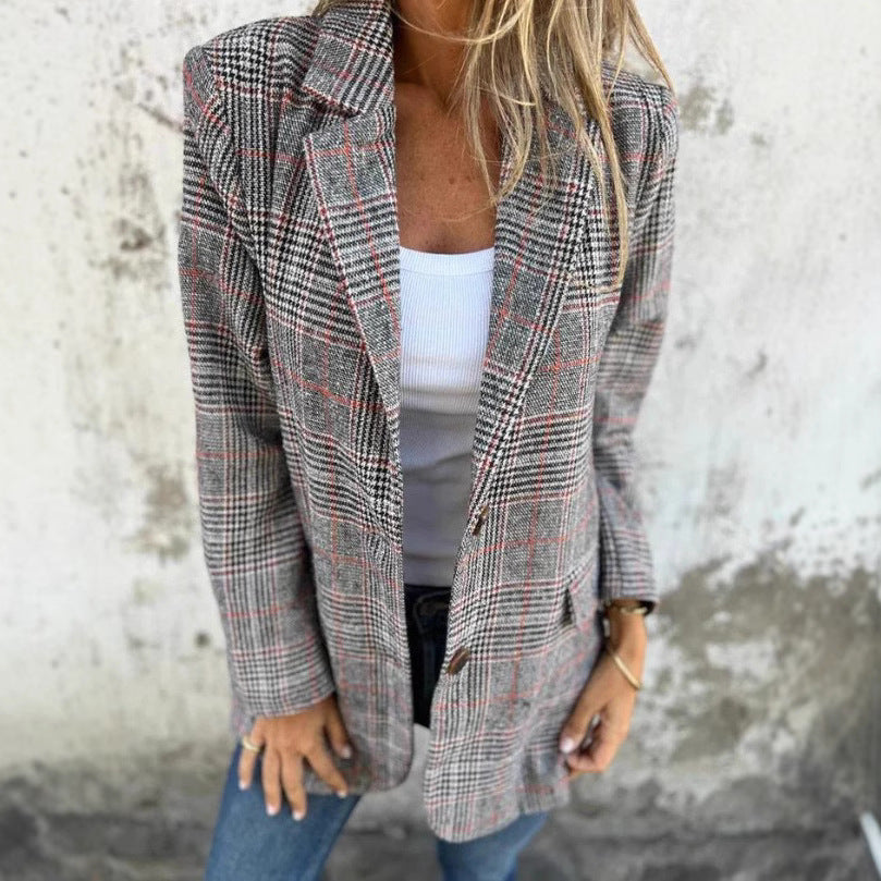 🍂 Høstens Favoritt: Smal Rutete Dress med Blazerkrage for Kvinner 🔥