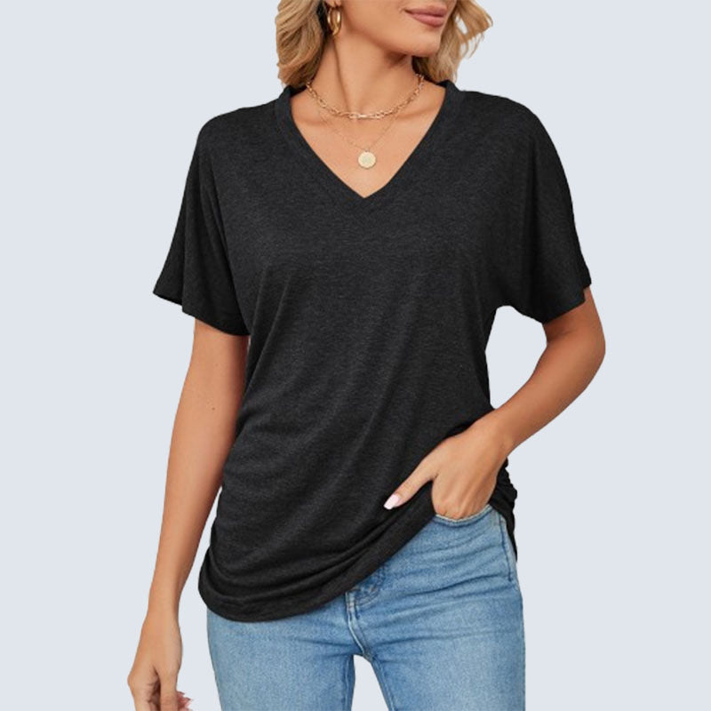 Sommerfarget V-hals løs t-skjorte for kvinner