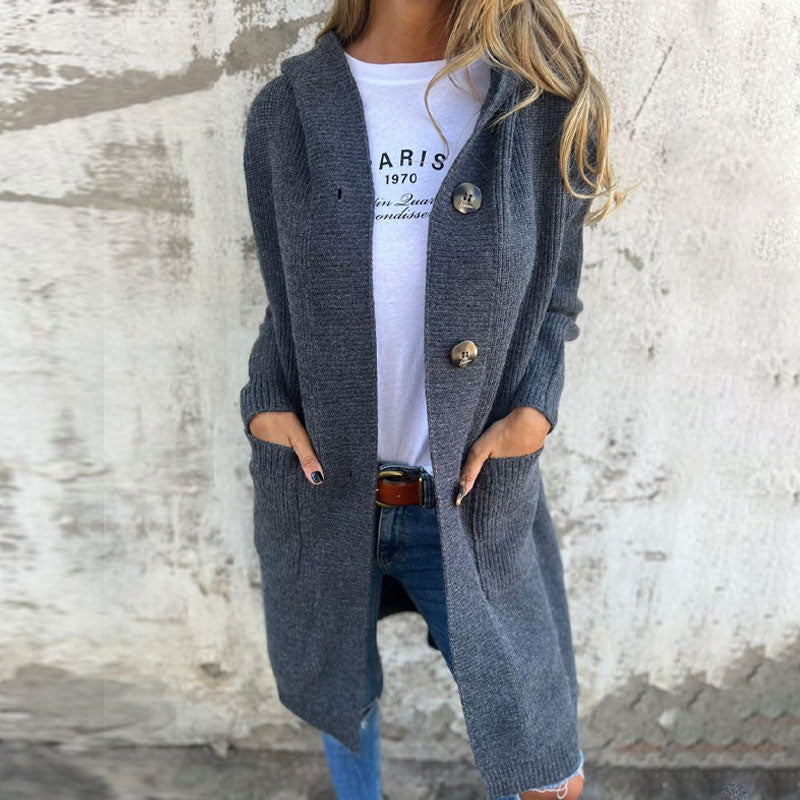 🍂 Varm Lang Strikkecardigan med Hette – Høst & Vinter