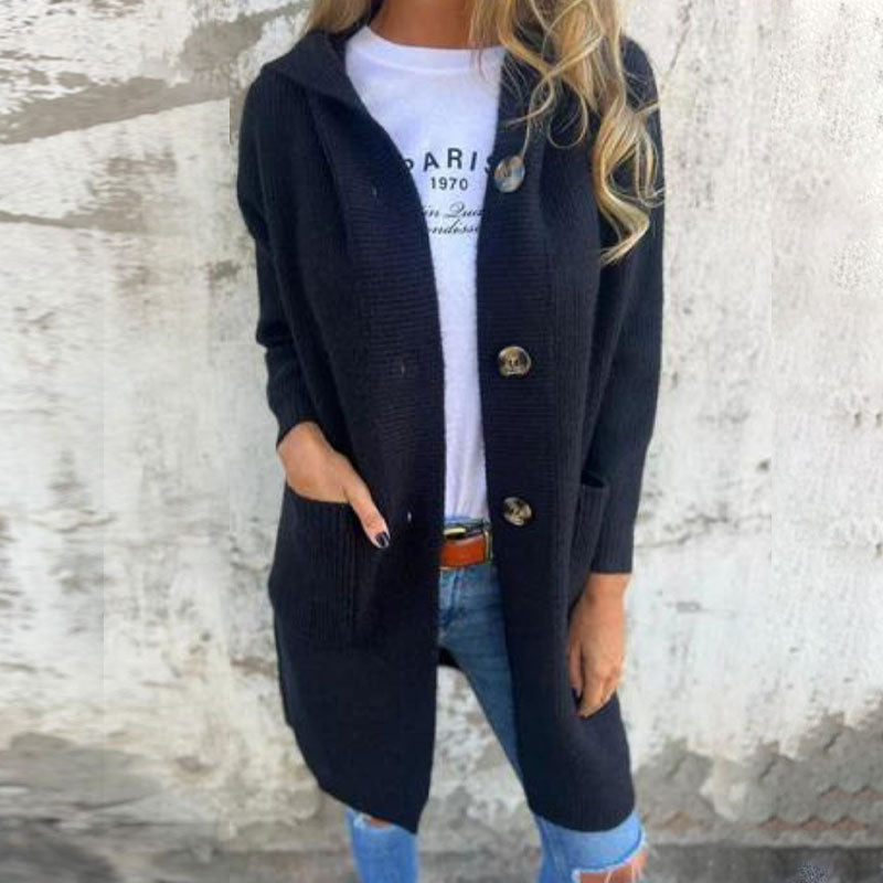 🍂 Varm Lang Strikkecardigan med Hette – Høst & Vinter