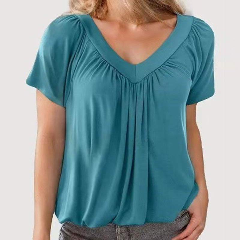 🌸Kvinners uformelle plisserte V-hals kort ermet topp