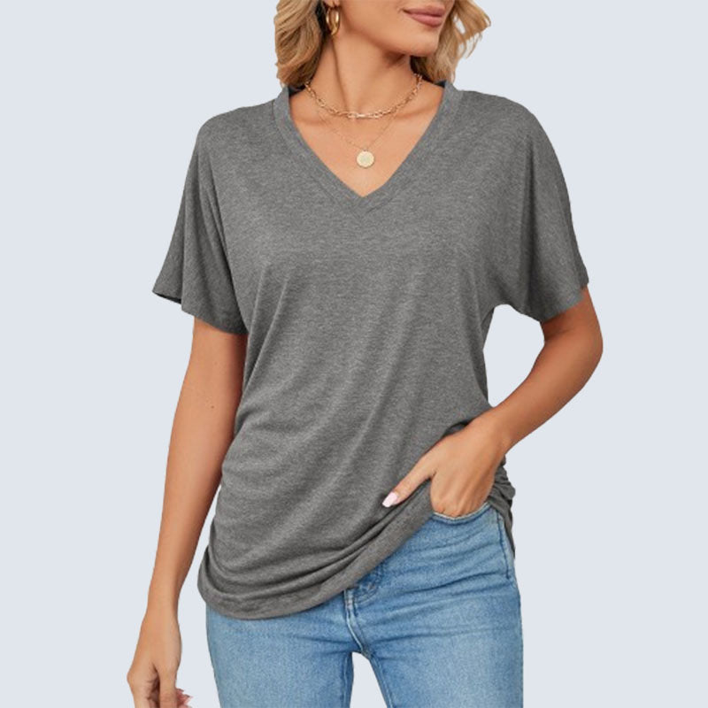 Sommerfarget V-hals løs t-skjorte for kvinner