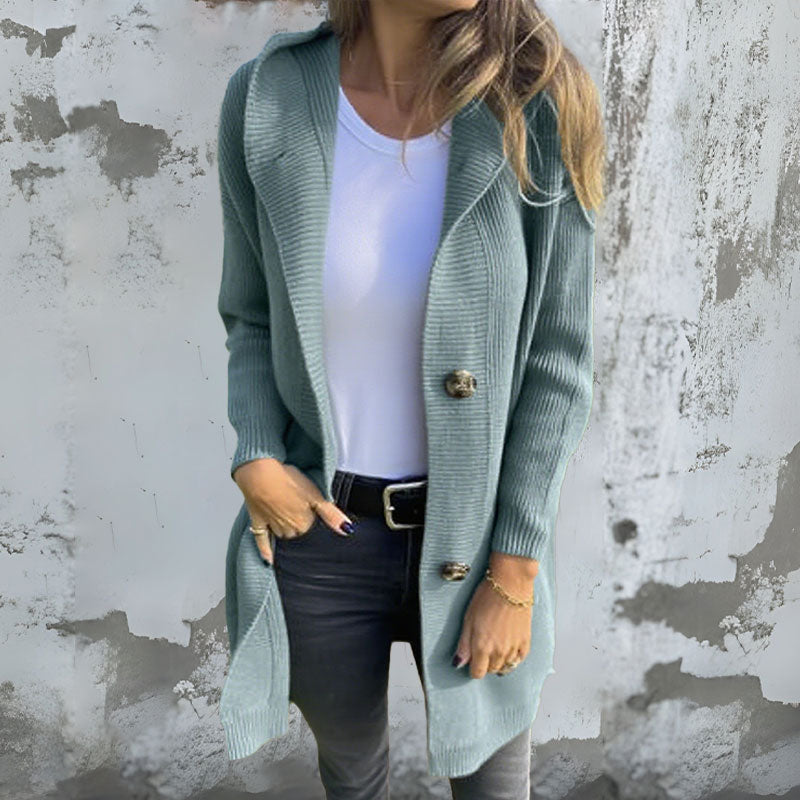 🍂 Varm Lang Strikkecardigan med Hette – Høst & Vinter