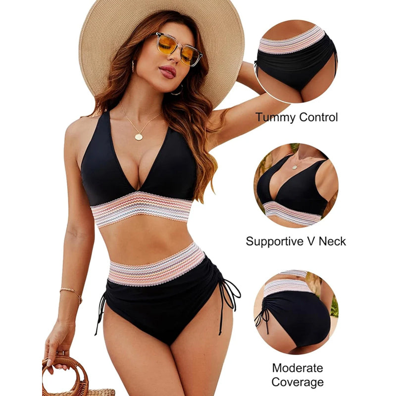 ☀️Rajoitetun over lomatarjous🏖️High Midjeoppstrammende bikinisett med magekontroll Color Block Bikinisett Color Block Bikinisett