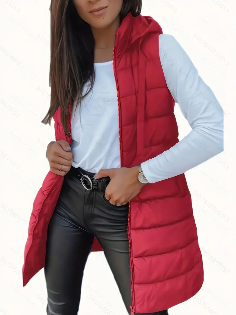 ❄️ Dame Lang Puffervest med Hette – Vinterklar 💕