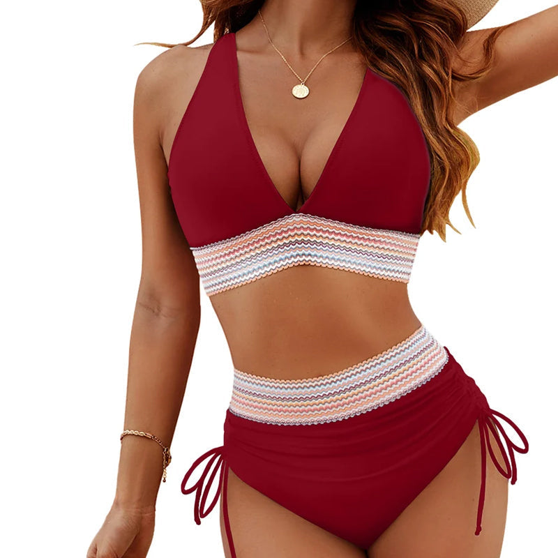 ☀️Rajoitetun over lomatarjous🏖️High Midjeoppstrammende bikinisett med magekontroll Color Block Bikinisett Color Block Bikinisett