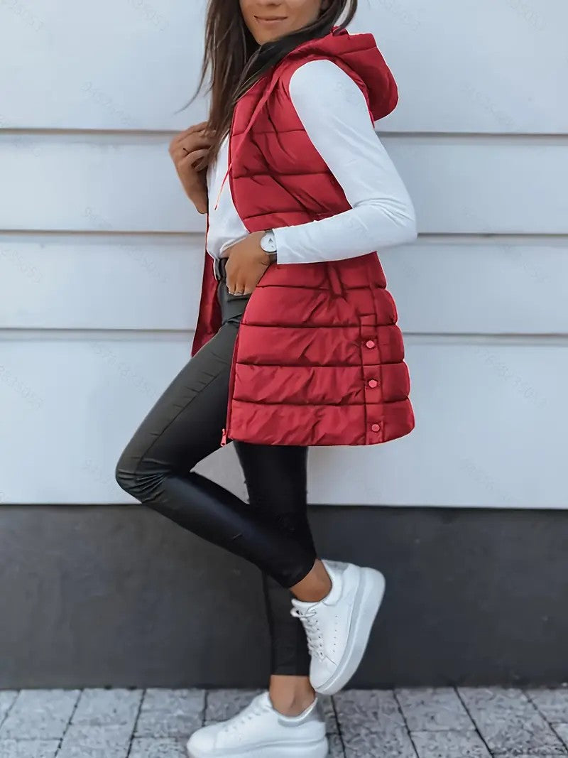 ❄️ Dame Lang Puffervest med Hette – Vinterklar 💕