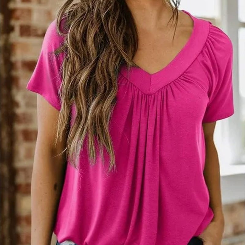 🌸Kvinners uformelle plisserte V-hals kort ermet topp