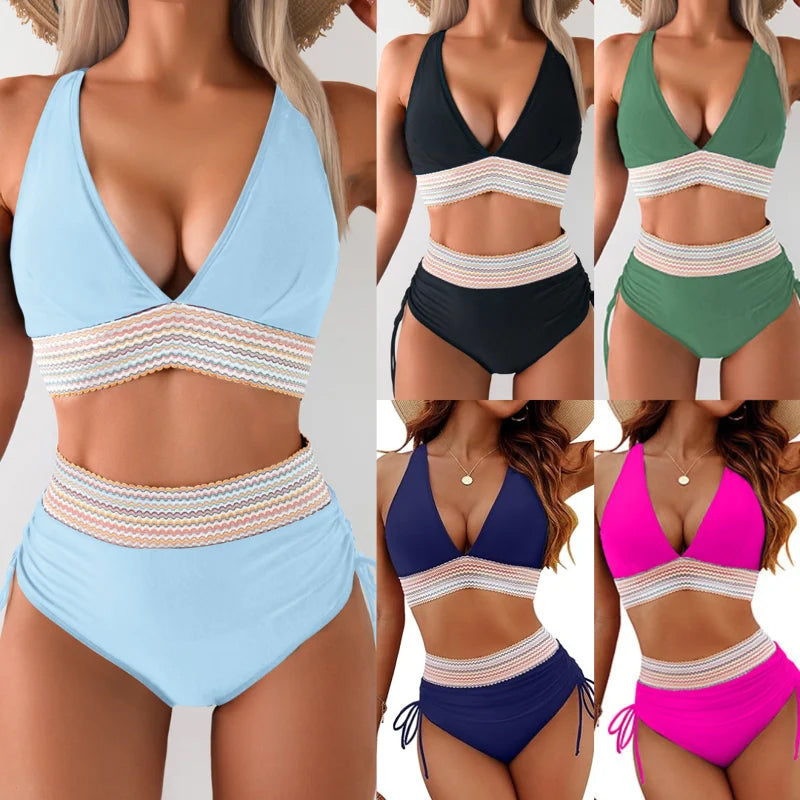 ☀️Rajoitetun over lomatarjous🏖️High Midjeoppstrammende bikinisett med magekontroll Color Block Bikinisett Color Block Bikinisett