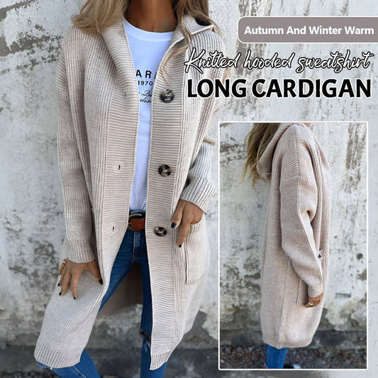 🍂 Varm Lang Strikkecardigan med Hette – Høst & Vinter