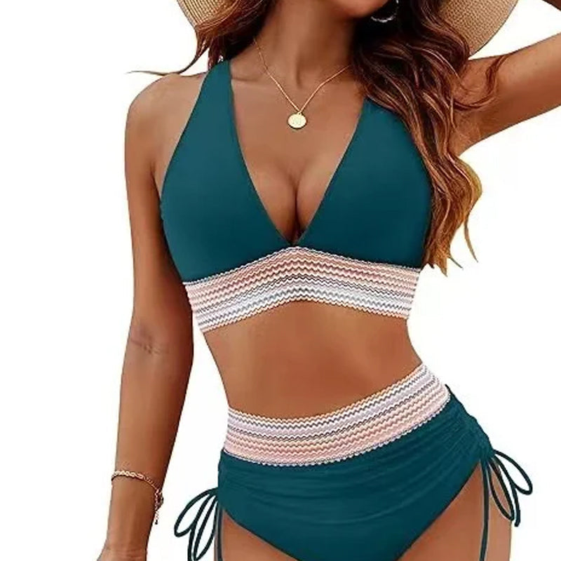 ☀️Rajoitetun over lomatarjous🏖️High Midjeoppstrammende bikinisett med magekontroll Color Block Bikinisett Color Block Bikinisett