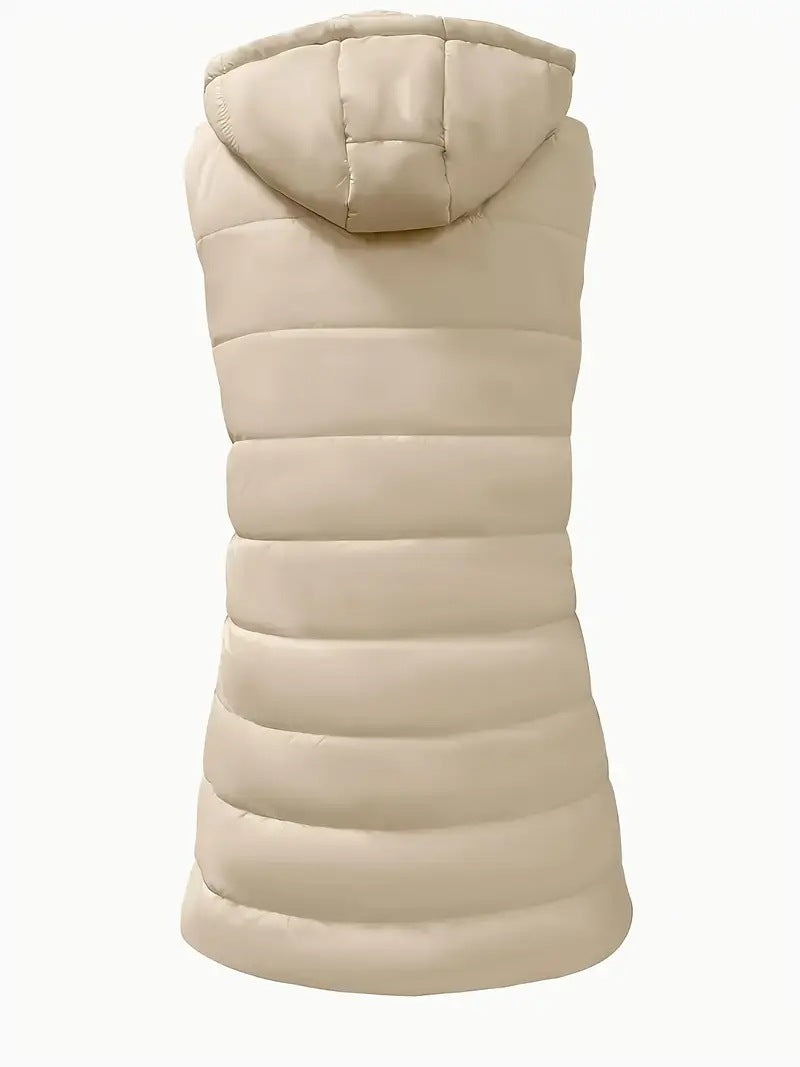 ❄️ Dame Lang Puffervest med Hette – Vinterklar 💕