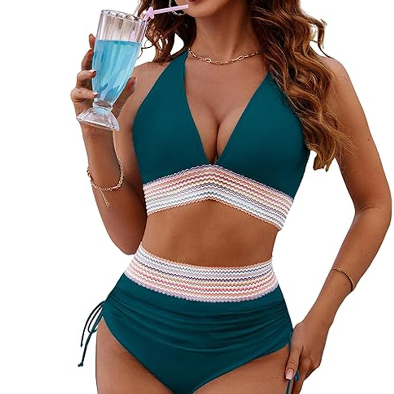 ☀️Rajoitetun over lomatarjous🏖️High Midjeoppstrammende bikinisett med magekontroll Color Block Bikinisett Color Block Bikinisett