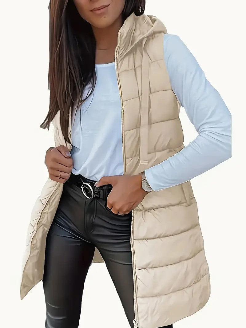 ❄️ Dame Lang Puffervest med Hette – Vinterklar 💕