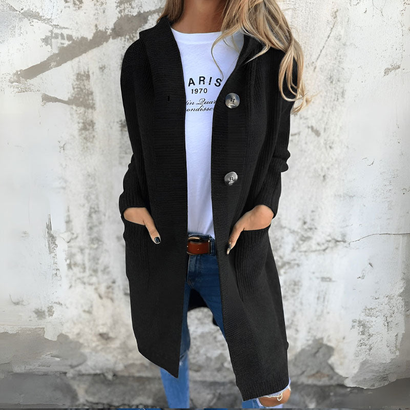 🍂 Varm Lang Strikkecardigan med Hette – Høst & Vinter