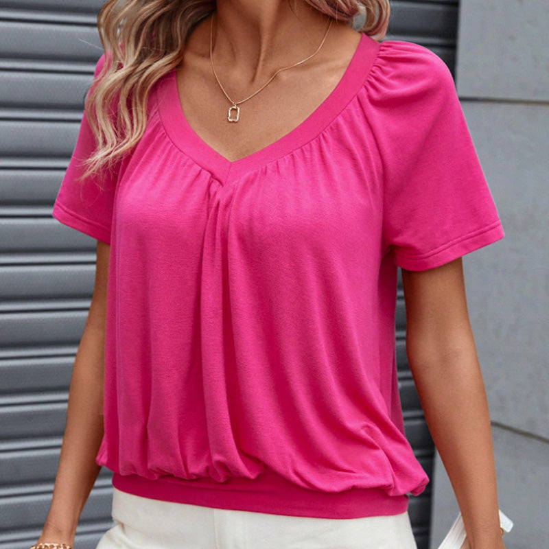 🌸Kvinners uformelle plisserte V-hals kort ermet topp