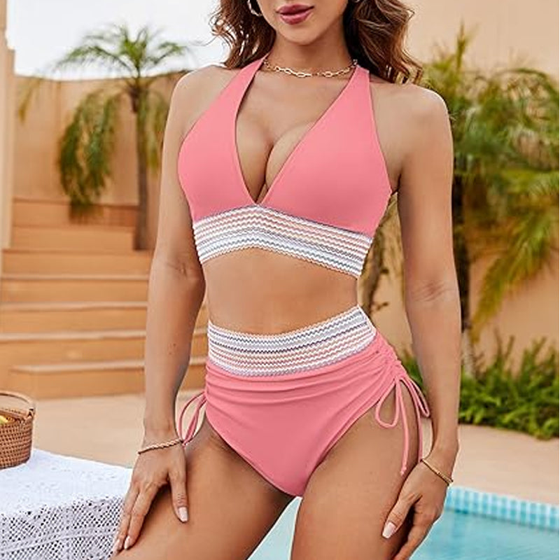 ☀️Rajoitetun over lomatarjous🏖️High Midjeoppstrammende bikinisett med magekontroll Color Block Bikinisett Color Block Bikinisett
