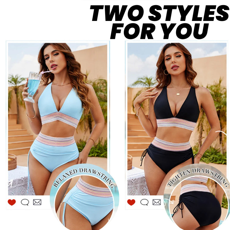 ☀️Rajoitetun over lomatarjous🏖️High Midjeoppstrammende bikinisett med magekontroll Color Block Bikinisett Color Block Bikinisett