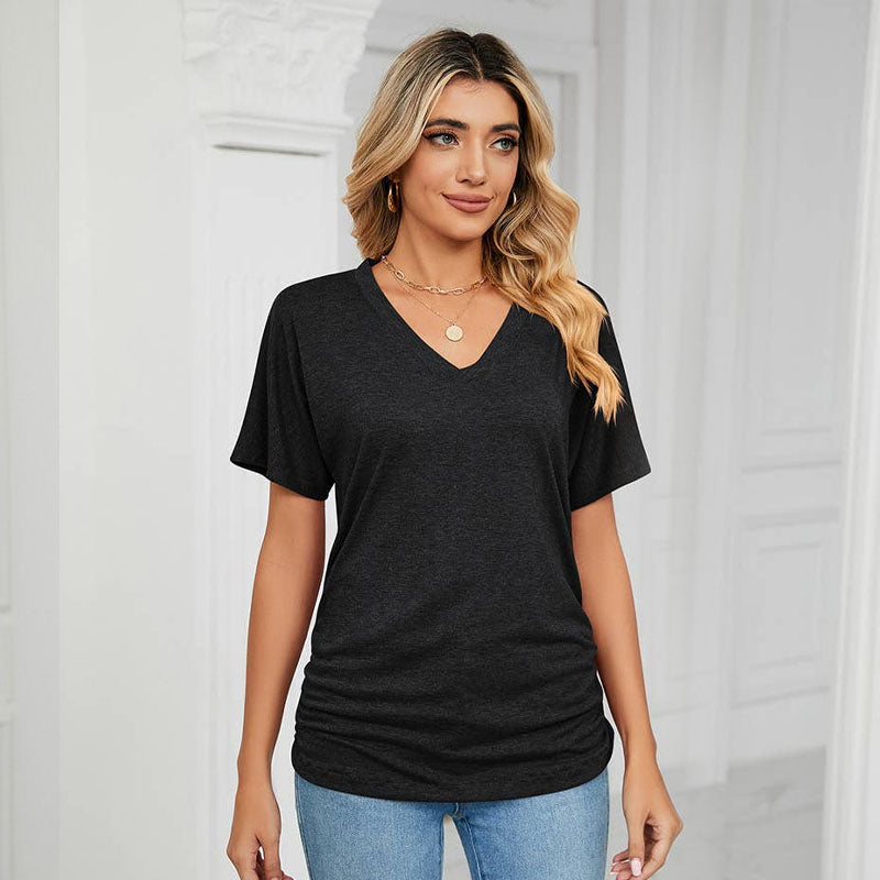 Sommerfarget V-hals løs t-skjorte for kvinner