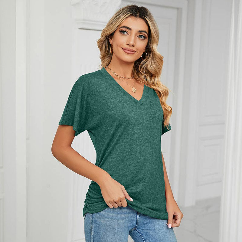 Sommerfarget V-hals løs t-skjorte for kvinner