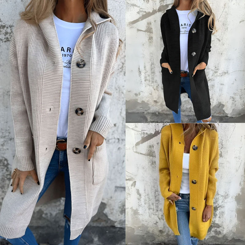 🍂 Varm Lang Strikkecardigan med Hette – Høst & Vinter