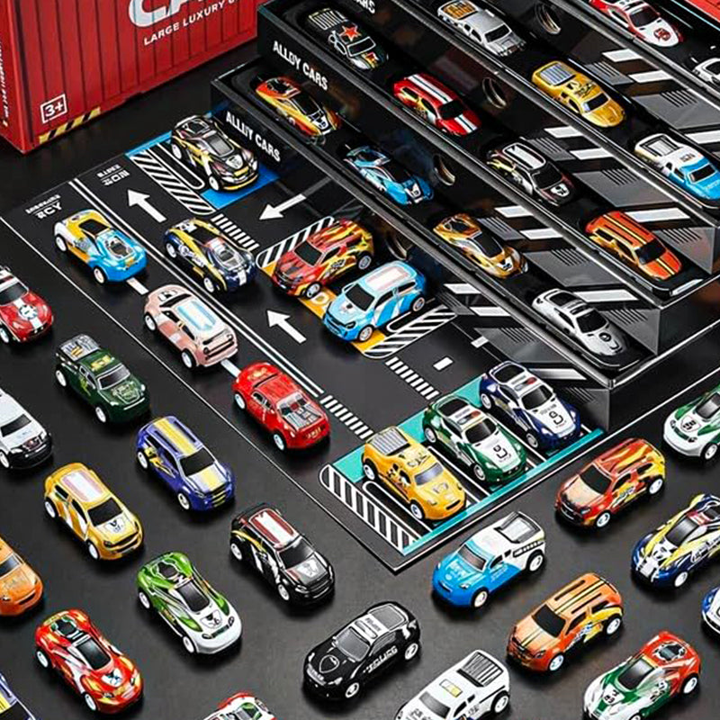 48 mini pull-back-biler - Gaveeske for barn i beholder 🚗🎁