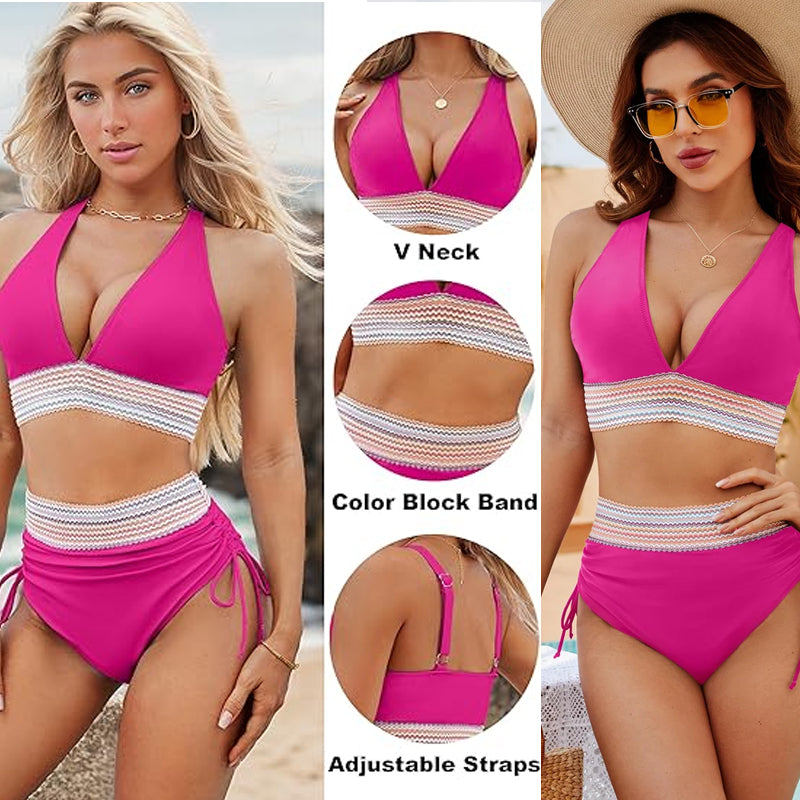 ☀️Rajoitetun over lomatarjous🏖️High Midjeoppstrammende bikinisett med magekontroll Color Block Bikinisett Color Block Bikinisett