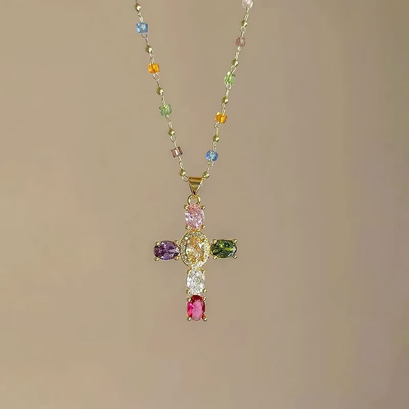 ✨Fargerikt Zirkonia Korshalskjede ✨