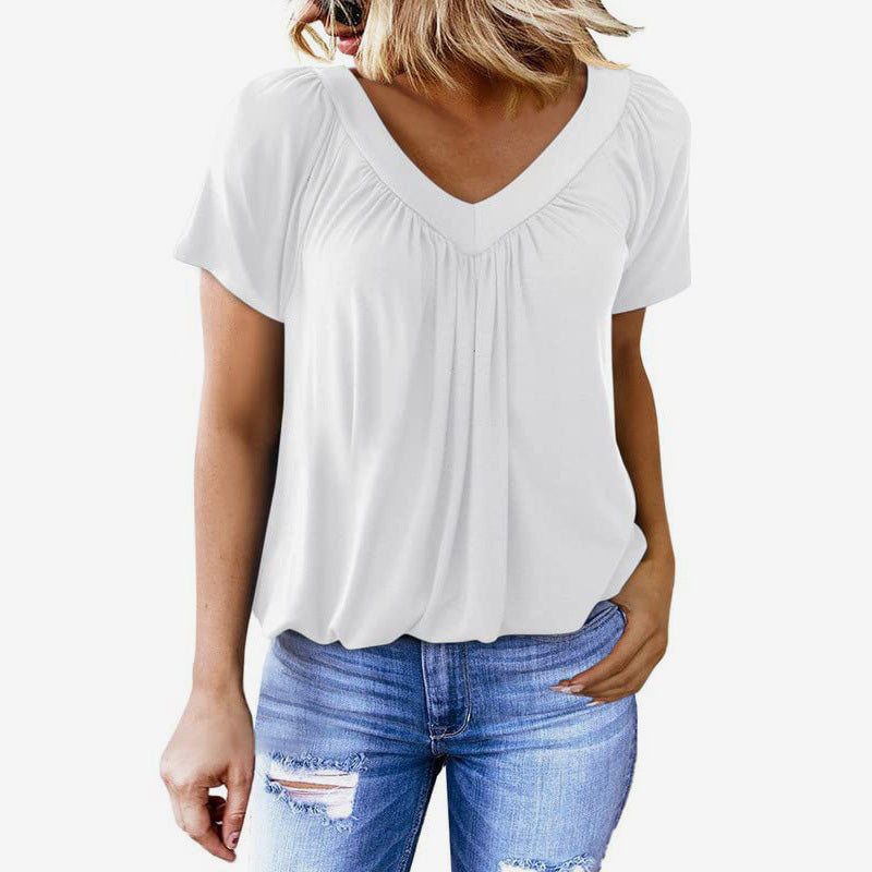 🌸Kvinners uformelle plisserte V-hals kort ermet topp