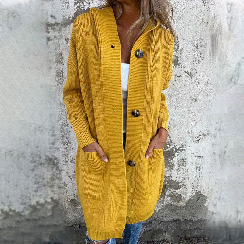 🍂 Varm Lang Strikkecardigan med Hette – Høst & Vinter