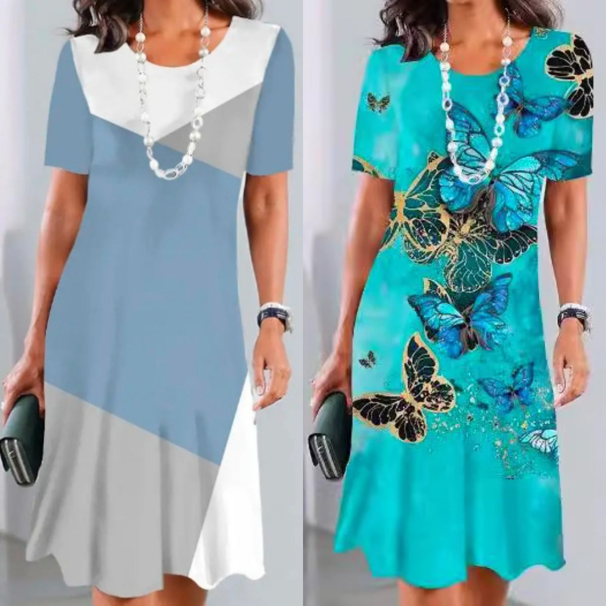 Plissert kjole for kvinner med fargeblokkering