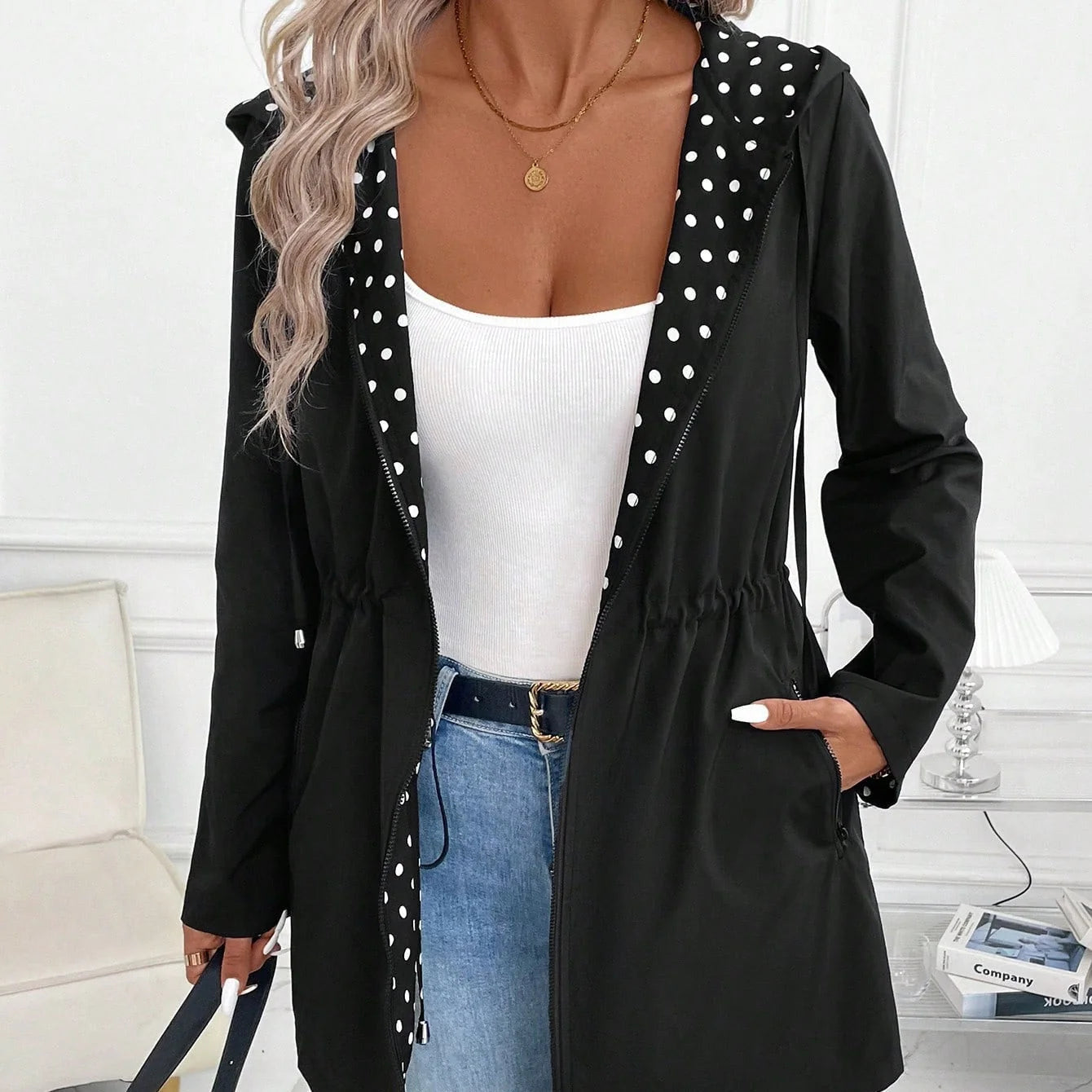 🥻 Damejakke med hette & toveis glidelås